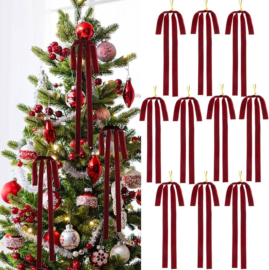 10PK Burgundy Christmas Bows Long Velvet Bow Ornaments for Vintage Christmas Tree Decorations, La... | Amazon (US)