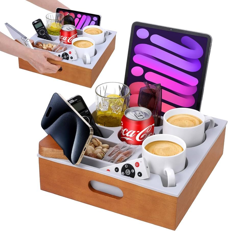 Hanaoyo Couch Cup Holder Tray, Soft Silicone Wooden Couch Caddy with Carrying Handle, Sofa Cup Ho... | Amazon (US)