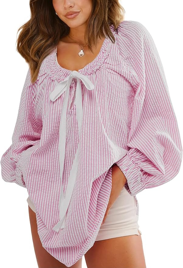 Striped Tunic for Women Dressy Casual Loose Fit Blouses Tops Long Sleeve Scoop Neck Bow Tie Shirt | Amazon (US)