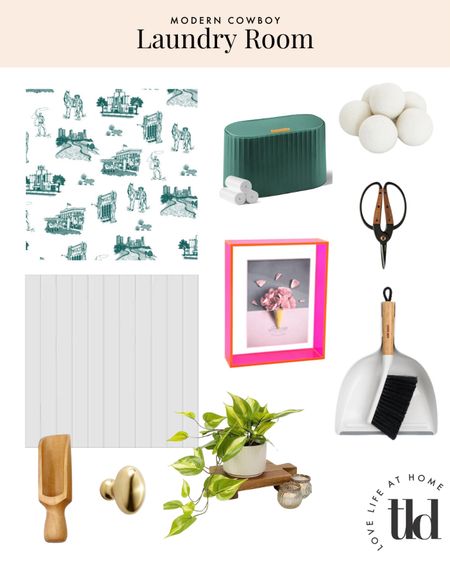 My finds for our modern cowboy laundry room update.   My favorite is the tiny trash can for lint but I also loved styling with the metal dustpan and walnut scissors!