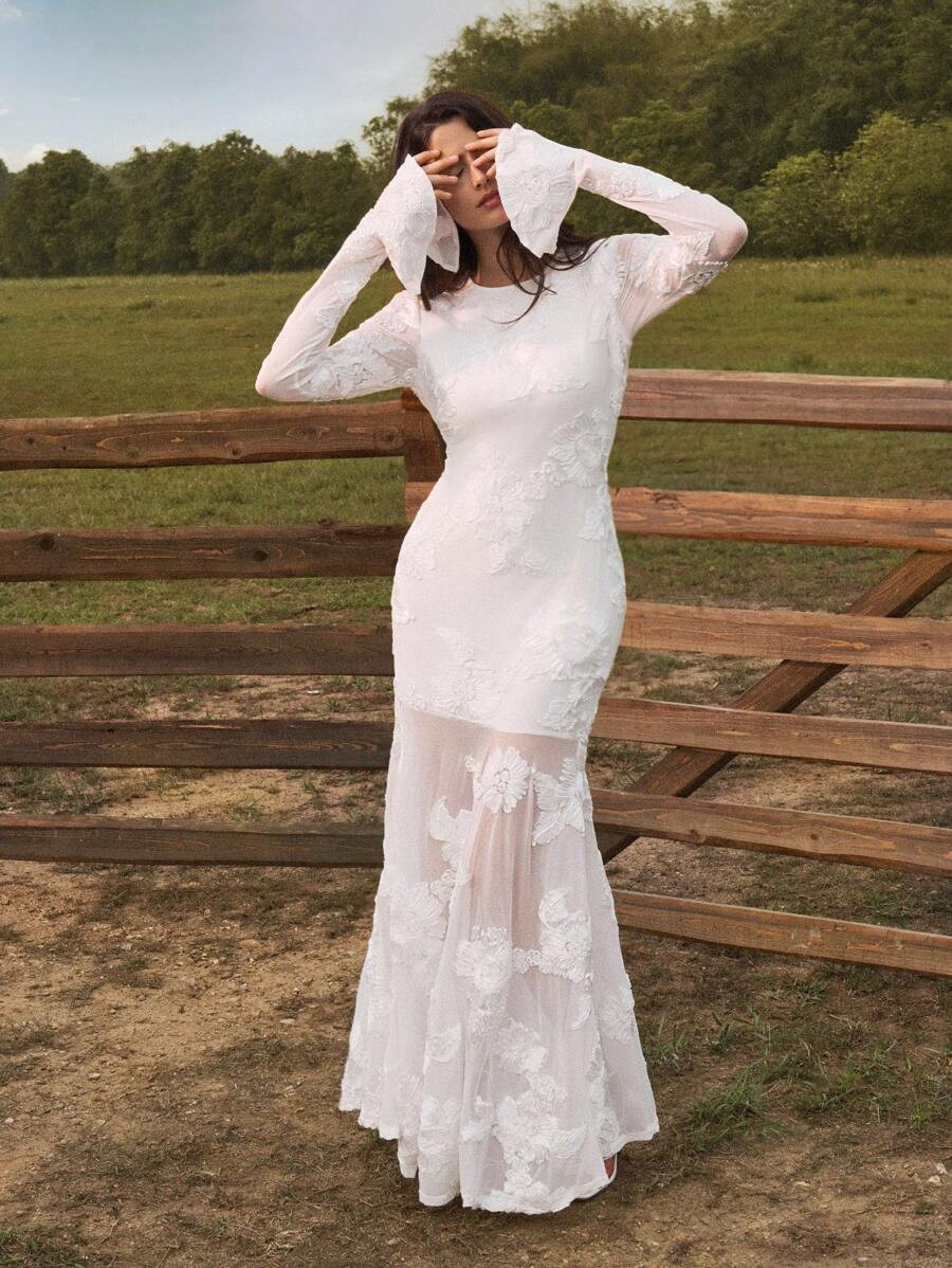 Anewsta White Elegant Romantic Gentle 3D Floral Embroidered Backless Women Mermaid Dress Maxi Wom... | SHEIN