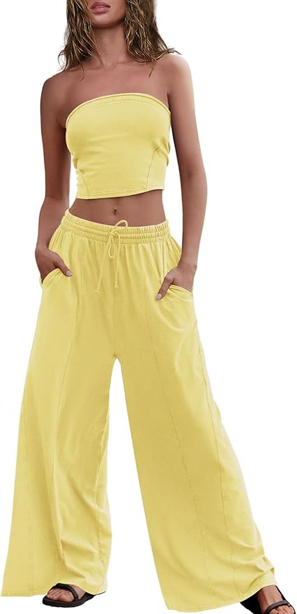Panadila Womens Summer Lounge Sets 2 Piece Outfits Tube Top and Wide Leg Pants Matching Set Beach... | Amazon (US)