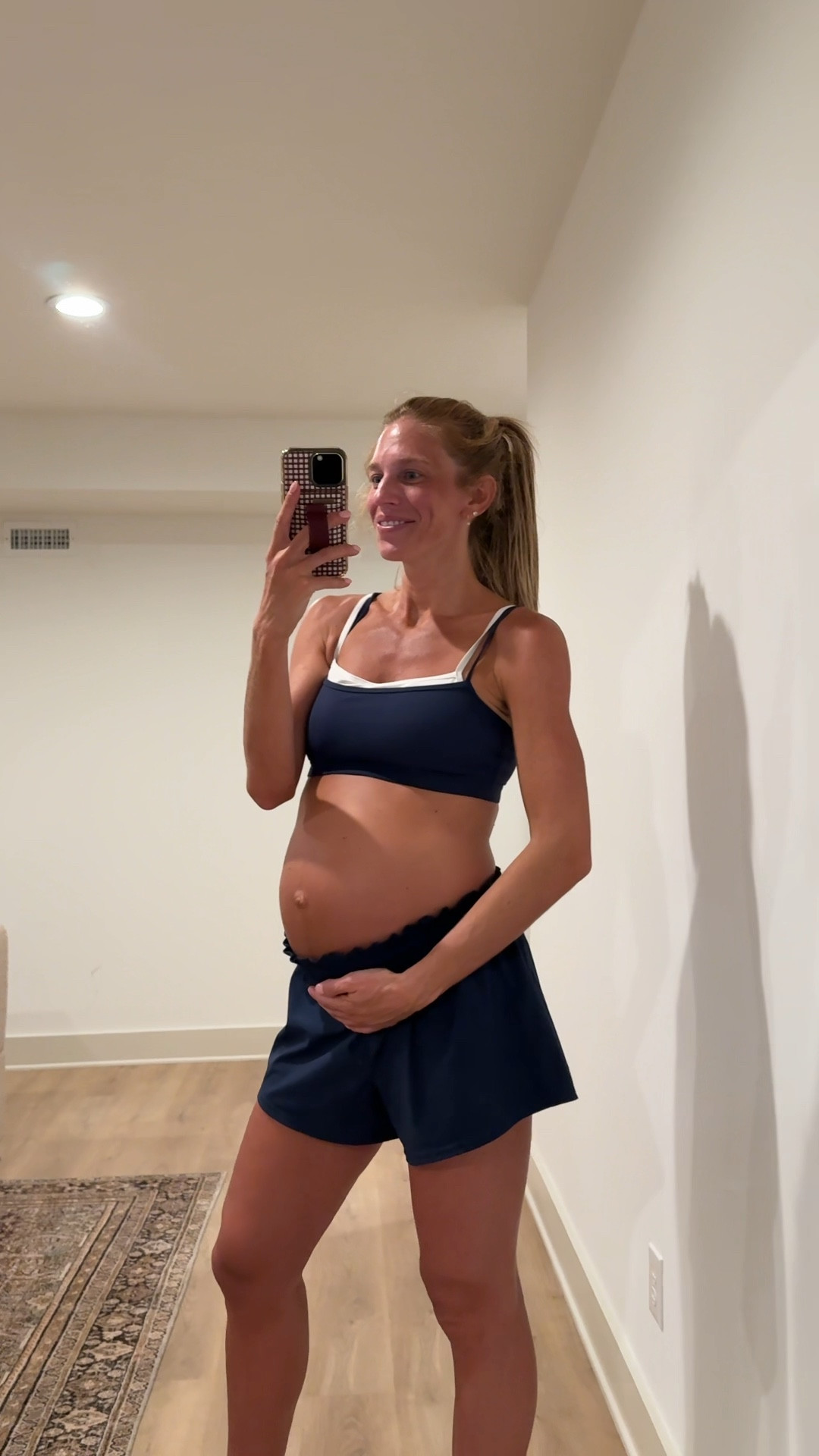 Workout outfit while pregnant. This double layer sports bra is so comfy especially during pregnancy and super supportive. My usual size medium

Sized up to large in shorts for pregnancy but usually run tts. 

#LTKActive #LTKfitnessgoals #LTKBump