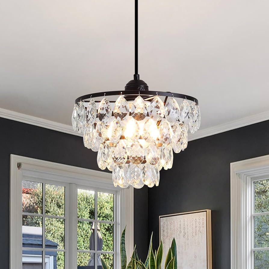 Black Crystal Pendant Light Small Chandelier Crystals, 47.24 Inches Height Adjustable, Modern Cry... | Amazon (US)