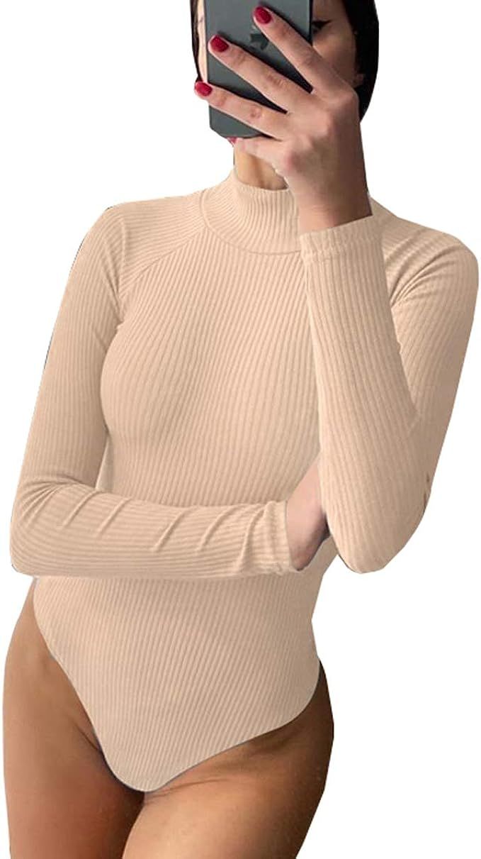 PALINDA Women's Mock Turtleneck Long Sleeve Bodysuit Ribbed Knit Stretchy Thong Bodysuit Tops | Amazon (CA)