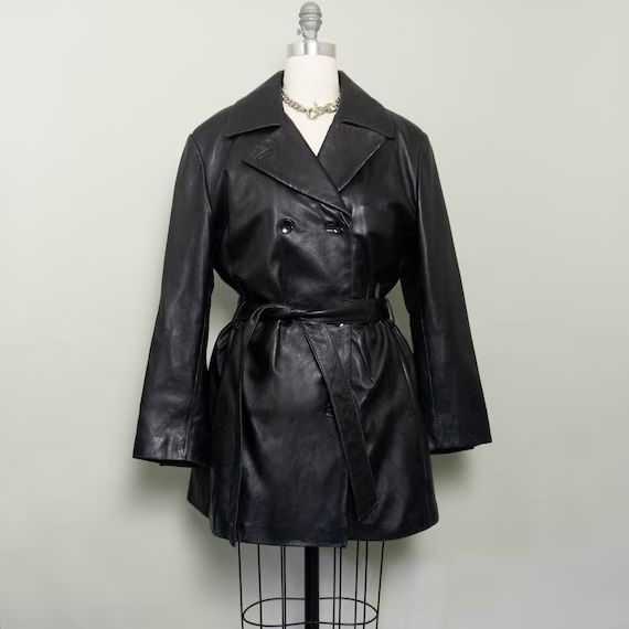 Vintage Belted Genuine Leather Coat  Black  S/M/L  Genuine - Etsy | Etsy (US)