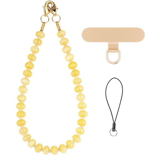 CH.yishi Gemstone Beaded Phone Charm Wrist Strap with Steel Cable Core Stringing, Detachable Phone Bracelet Strap with Metal Tether Tab (Yellow Lemon Quartz) | Amazon (US)