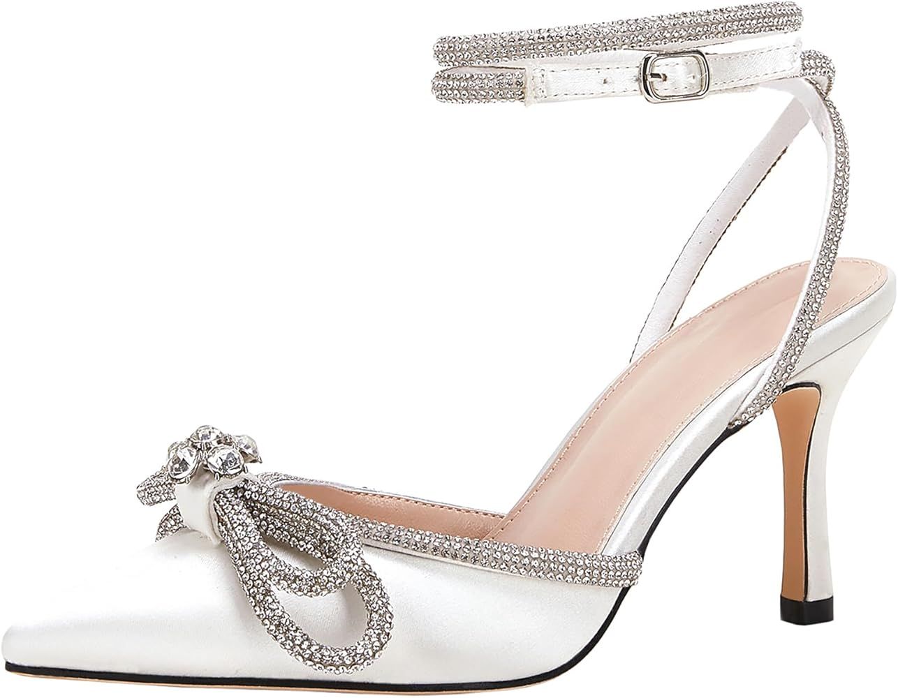 VETASTE Women's Double Bow Pointed Toe Ankle Strap Crystal Pumps Wedding Bridal Party Stilettos B... | Amazon (US)