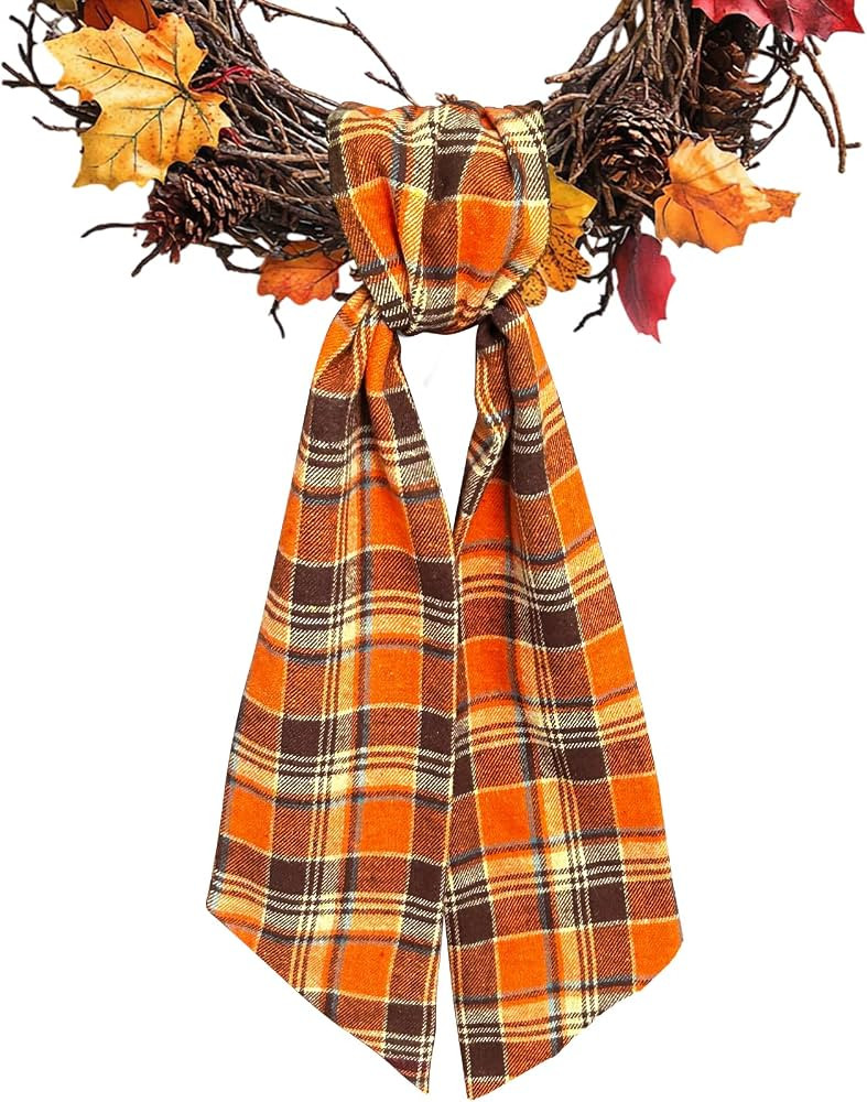 Autumn Buffalo Plaid Cotton Wreath Sash for Front Door Fall Wreaths Satin Sash Burlap Garland Rib... | Amazon (US)