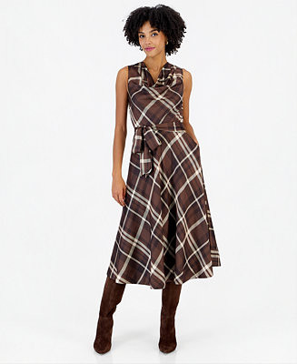 Women's Drape Neck Plaid Midi A-Line Dress | Macy's