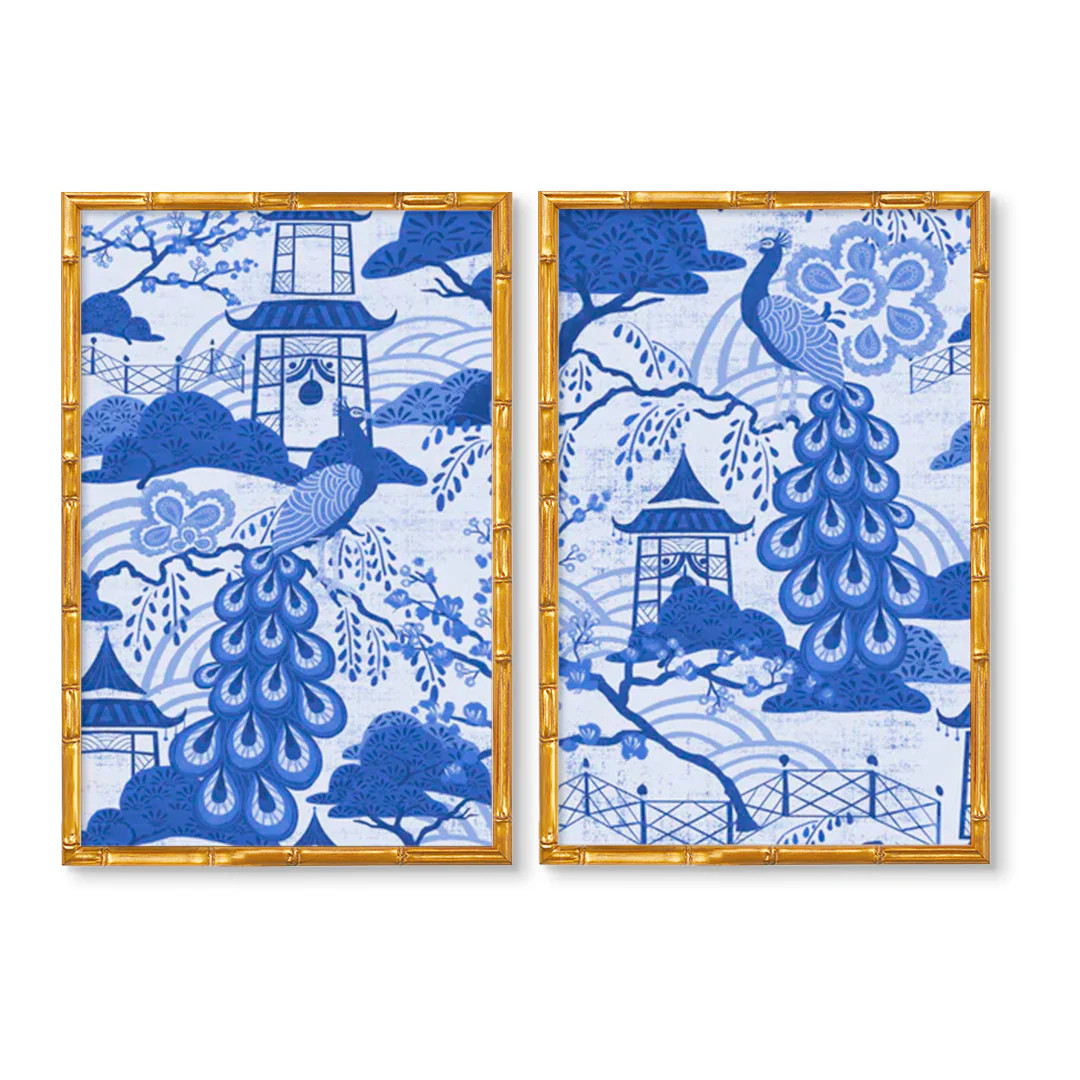 Peacock Pagoda Vintage Colorful Chinoiserie Mural Art Print | Urban Garden Prints
