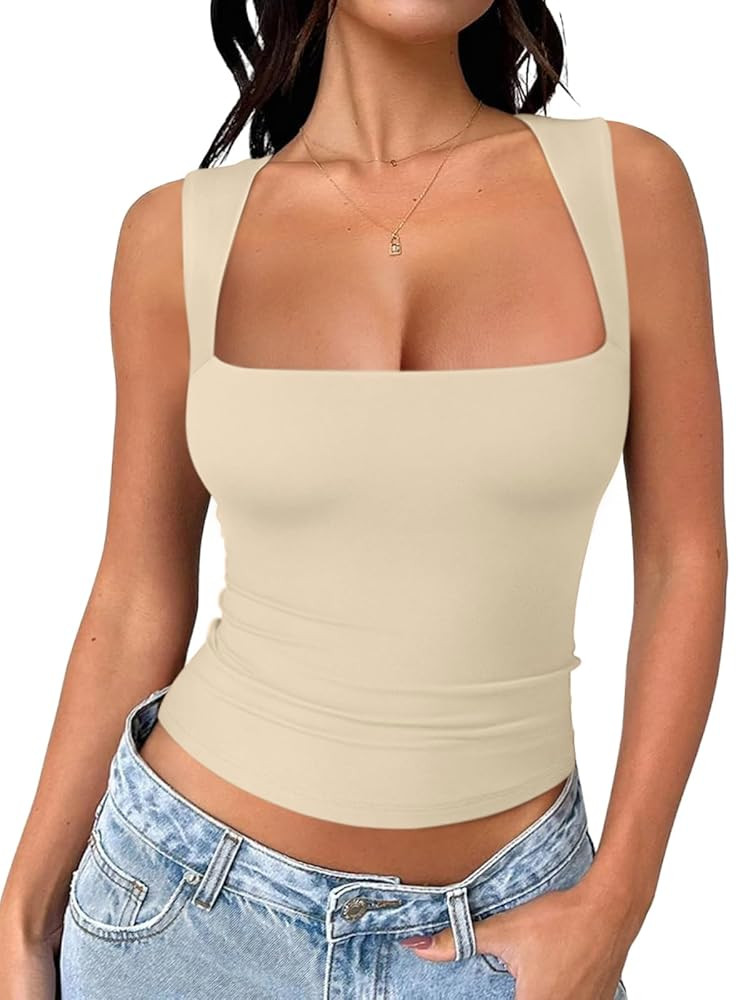 REORIA Butsmooth® Women's Square Neck Going Out Crop Tops Double Lined Cute Basic Tank Tops 2025... | Amazon (US)