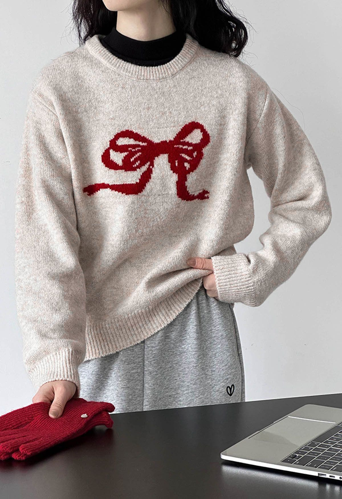 Bowknot Ribbon Pattern Ribbed Edge Knit Sweater | Chicwish