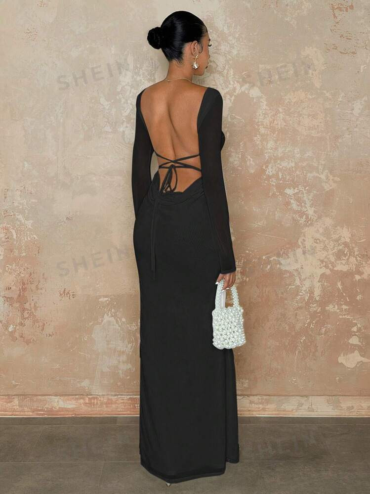 SHEIN BAE Mesh Mermaid Dress, Elegant Slim Fit Long Dress, Backless Long Sleeve Dress For Autumn ... | SHEIN