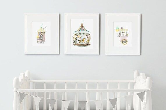 Set of 3 UNFRAMED Nursery Art Prints, Fairground Fun, Bright, Carousel, Unisex Bedroom Art, Illus... | Etsy (US)