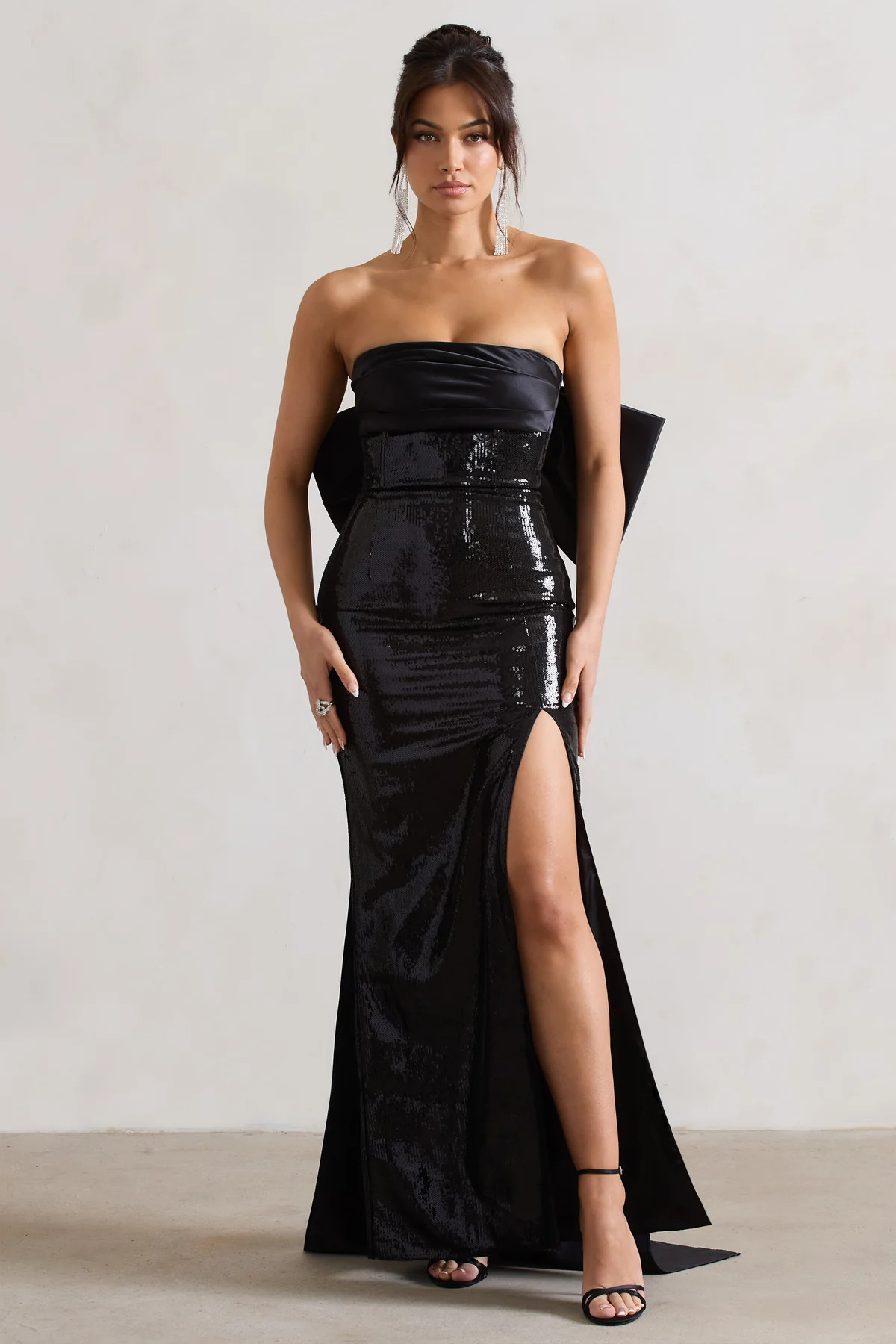 To You | Black Sequin Bandeau Split Maxi Dress With Oversized Bow | Club L London