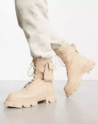 Public Desire gable lace up boots with removable pocket in beige | ASOS (Global)