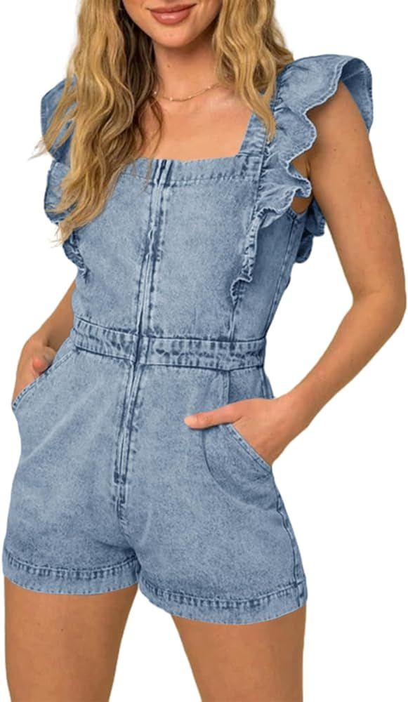 PLNOTME Women's Cute Denim Rompers Cotton Ruffle Cap Sleeve Square Neck Zip Up Jeans Short Jumpsu... | Amazon (US)