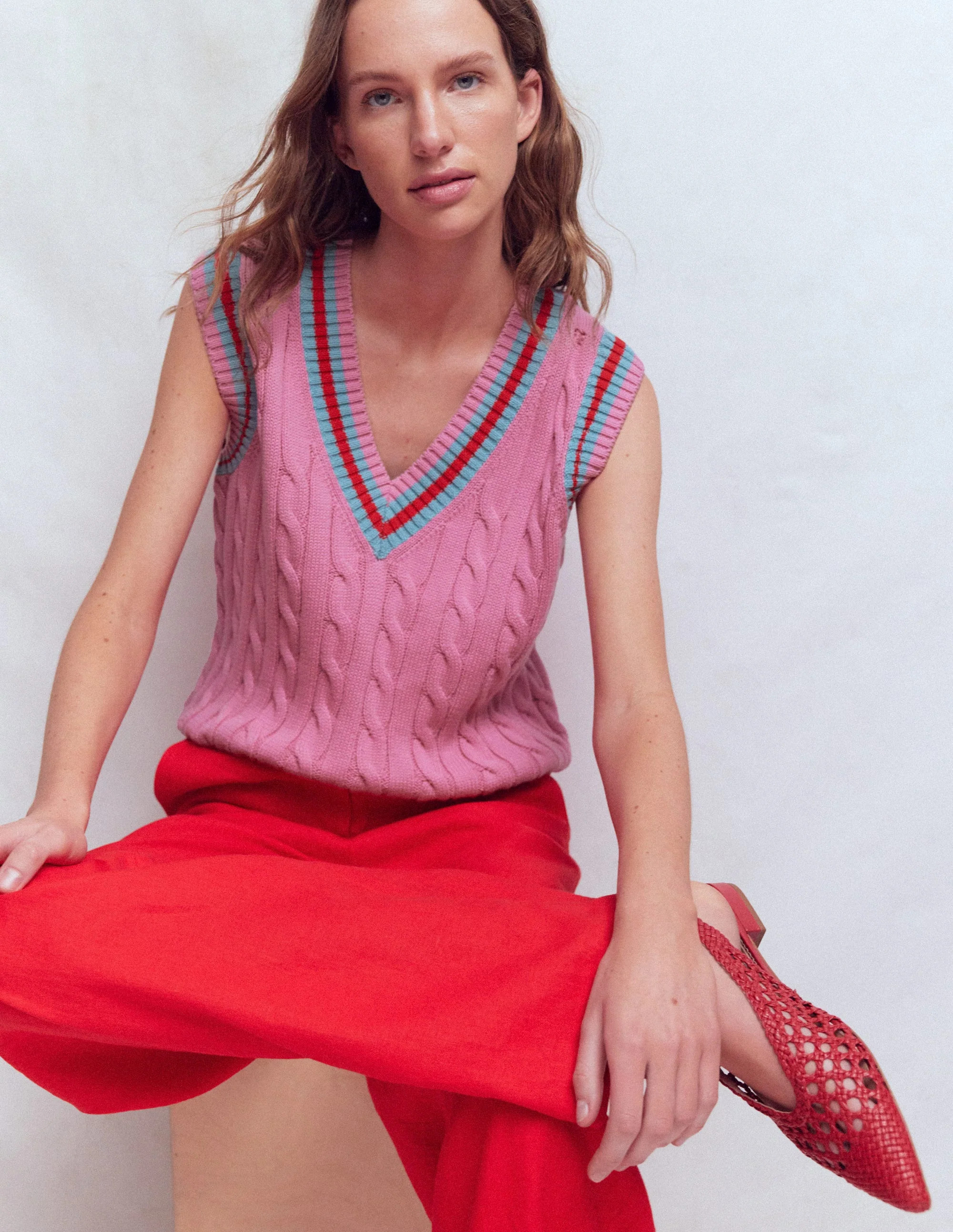 Maeve Cable V Neck Tank-Blue, Green | Boden (US)