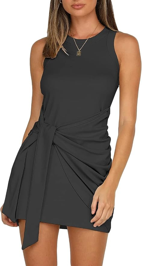 LIYOHON Women's Summer Short Dress Casual Crewneck Sleeveless Solid Color Ruched Tie Waist Bodyco... | Amazon (US)