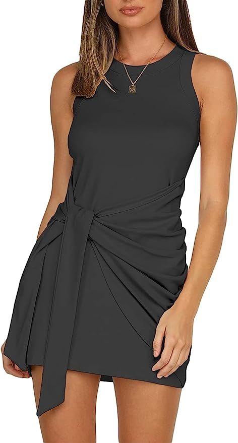 LIYOHON Women's Summer Short Dress Casual Crewneck Sleeveless Solid Color Ruched Tie Waist Bodyco... | Amazon (US)