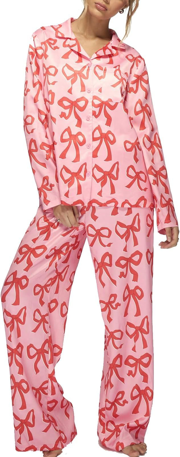 Silk Pajamas for Women Satin Pajama Sets Long Sleeve Shirt and Pants Set Heart Bow Print 2 Piece ... | Amazon (US)