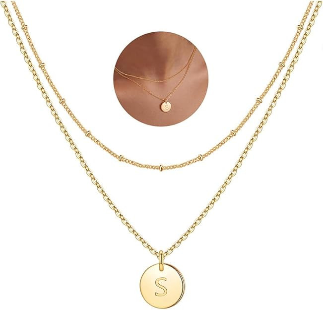 IEFWELL Initial Necklaces for Women Girls - 14K Gold-Plated Silver Double Side Engraved Hammered ... | Amazon (US)