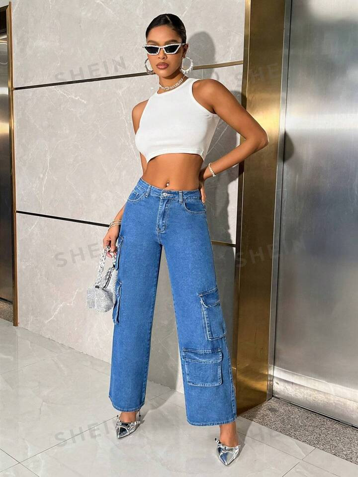 SHEIN BAE Flap Pocket Cargo Style Denim Jeans | SHEIN