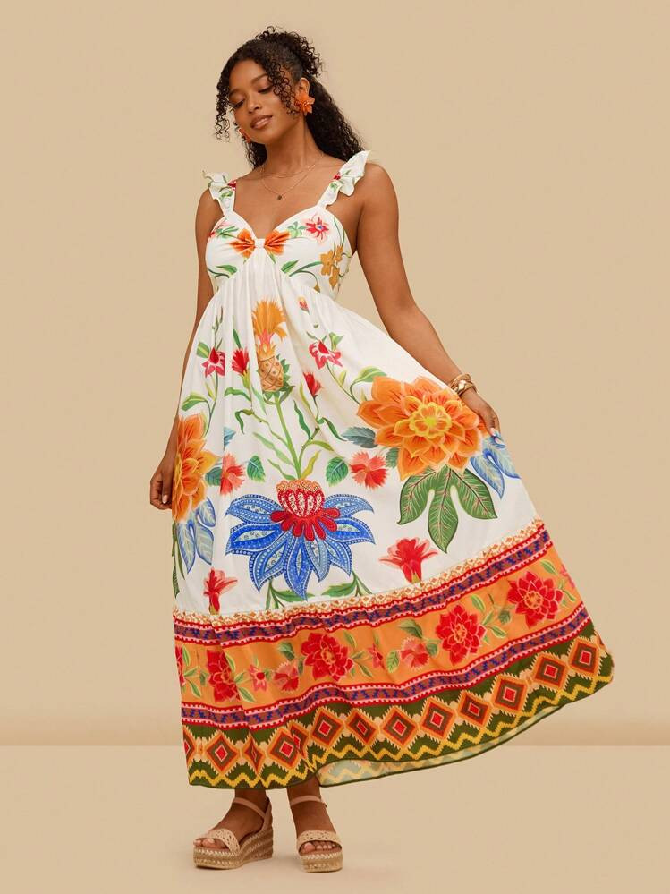 Travachic Plus Size Women Colorful Floral Print Bohemian Style Cap Sleeve Front Twist Long Dress,... | SHEIN