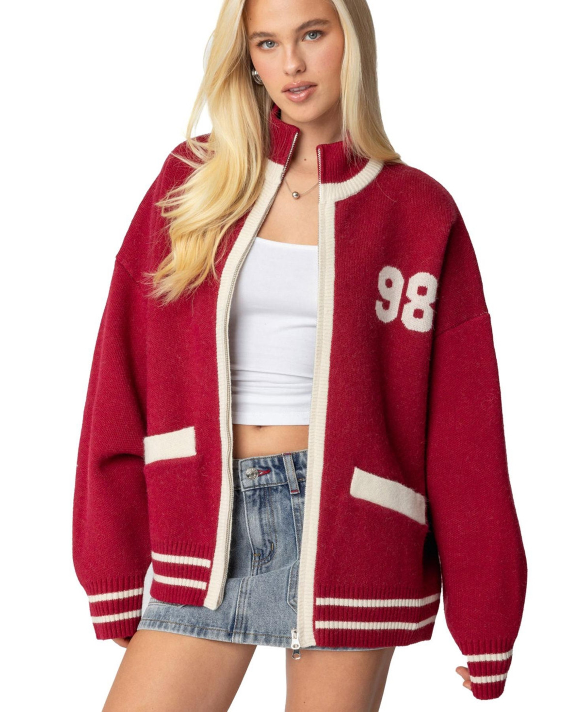 Edikted Womens 98 Varsity Zip Up Sweater - Burgundy | Macy's