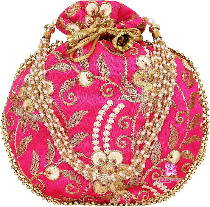Potli Bag for Women Ethnic Gold, Pearl Handle Floral Accents, Drawstring Closure Pearls Handle Ba... | Amazon (US)