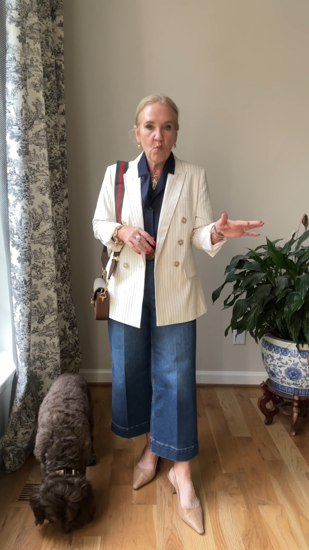 This cream and navy pinstripe blazer is marked down at LOFT on sale. I’m wearing a size 10 petite.
Spanx denim make such an elevated outfit for business casual. I am wearing the size medium petite.
Quince, silk camp shirt, size medium 
I love these slingbacks they elevate any luck instantly 
Gucci bag is beautiful of course. This model does come with two straps, both a leather strap and a red and green stripe.

#LTKItBag #LTKSaleAlert #LTKOver40