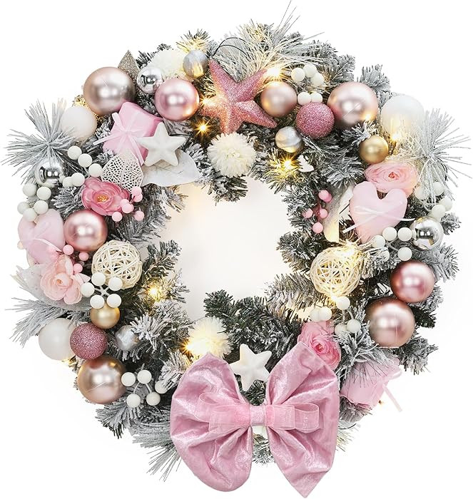 GarveeHome 24 in Christmas Wreath with Pink Bow, Artificial Frosted Pine Needles Christmas Decora... | Amazon (US)