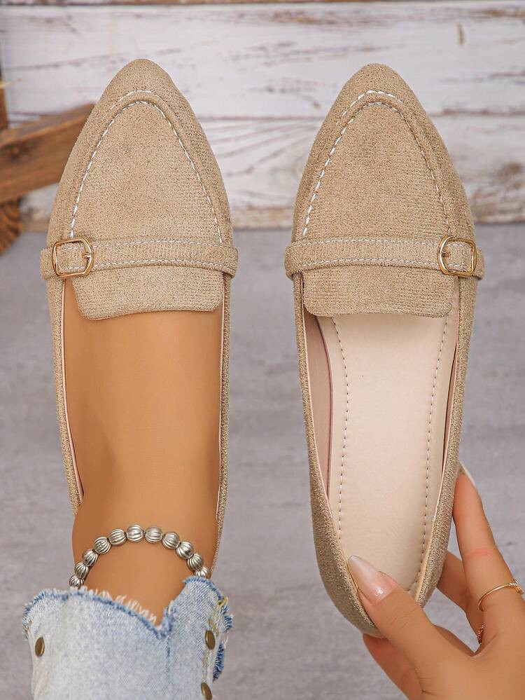 Women's Pointed Toe Flat Shoes, New Autumn Outdoor Daily Loafers, Solid Color Fashion Metal Buckle Pointed Toe Flat Shoes, Casual Cloth Soft Bottom Driving Shoes, Comfortable Versatile Flat Shoes To Pair With Dresses | SHEIN