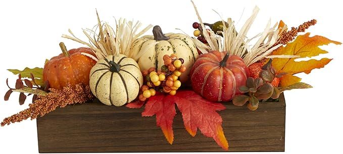 Nearly Natural Mini 16in. Harvest Pumpkin and Berries Artificial Arrangement in Wood Vase, Orange | Amazon (US)