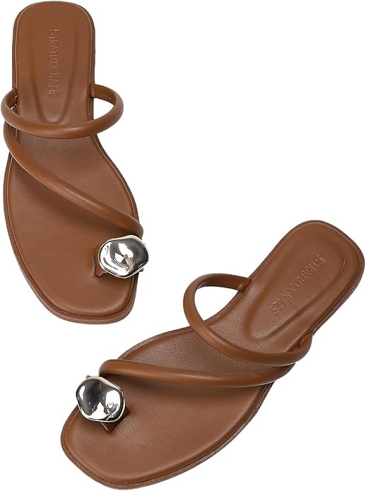 Women's Toe Ring Thong Sandals Open Toe Slide Flat Sandals Casual Summer Flip Flop Flat Sandals | Amazon (US)