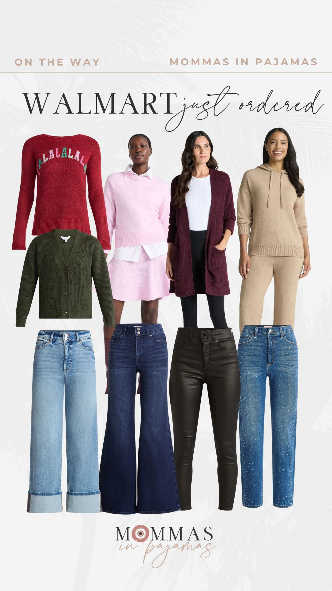 My recent Walmart haul + some of my goto finds: petite-friendly jeans, holiday sweater, green cardigan, pink sweater skirt set, maroon cardigan, tan travel sweater set, black pleather pants, and embellished straight jeans. Mom outfit inspiration, petite friendly outfits, airport outfit inspiration.

 

 #LTKHoliday #LTKSeasonal #LTKPetite