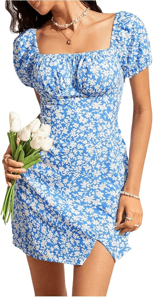 Floerns Women's Floral Print Mini Dress Square Neck Short Sleeve Summer Dress | Amazon (US)