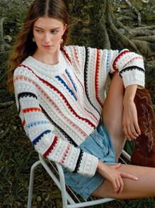 MOTF STUDIO COLORFUL STRIPED PATTERN DROP SHOULDER OVERSIZE POINTELLE KNIT SWEATER | SHEIN