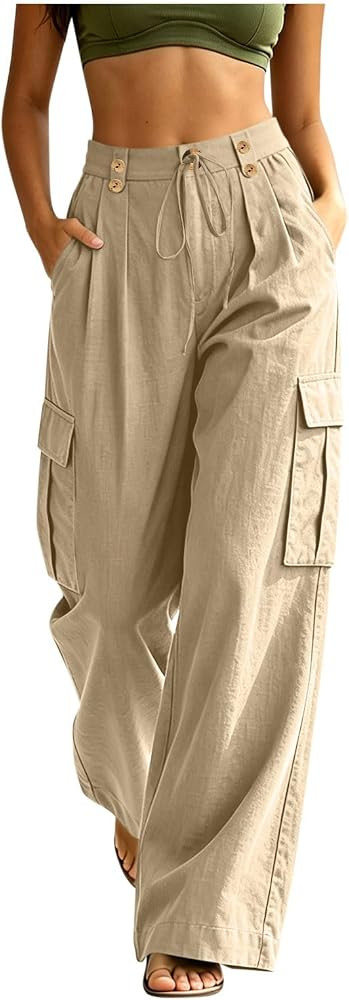 Women's Linen Cargo Pants Cotton Blend Wide Leg High Waisted Drawstring Trousers Casual Palazzo P... | Amazon (US)