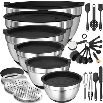 Mixing Bowls With Airtight Lids, 26Pcs Stainless Steel Bowls Set, 3 Grater Attachments & Black Non-Slip Bottoms Size 7, 4, 2.5, 2.0,1.5, 1QT, Great Fo | Wayfair North America