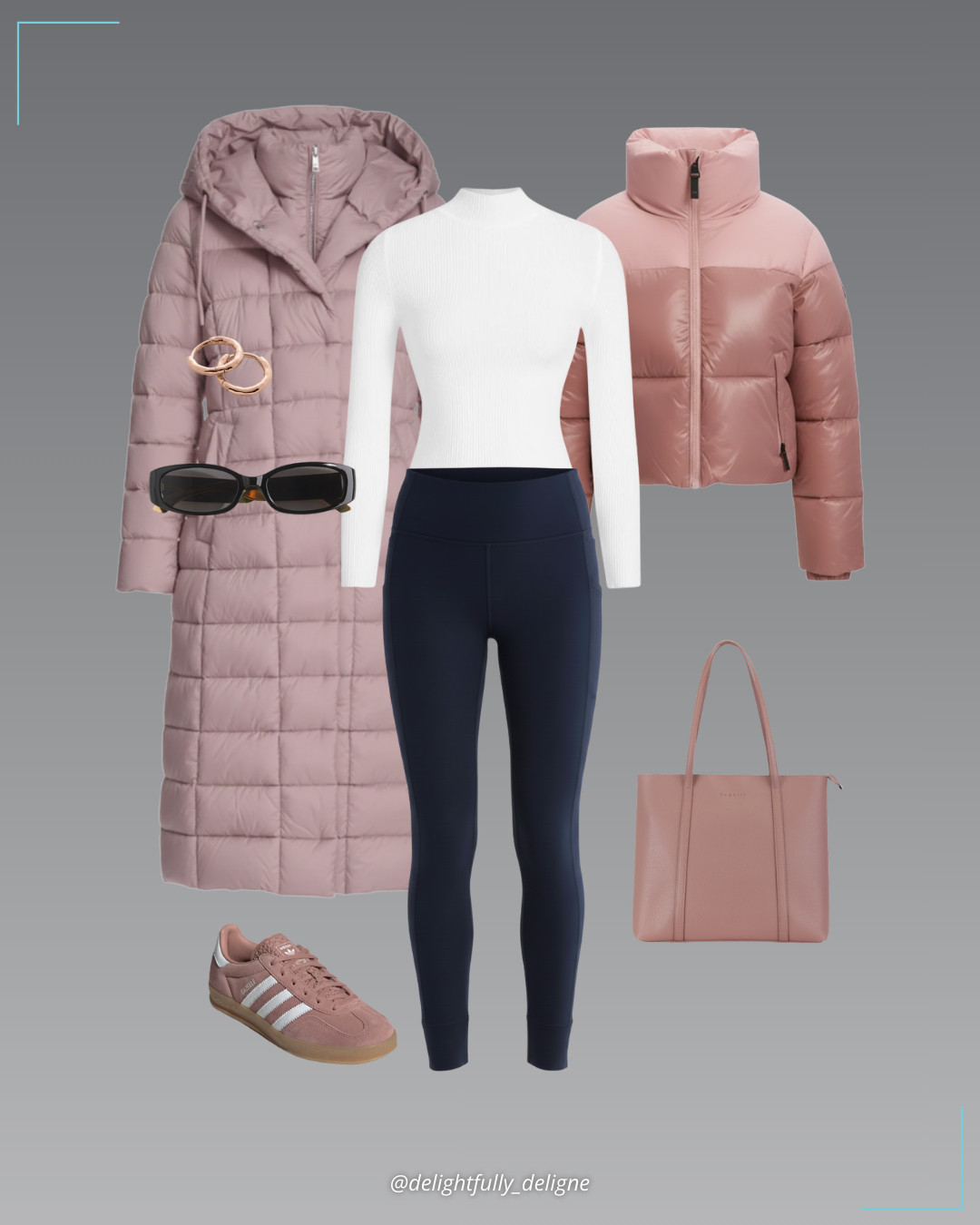 Another way to wear Dusty Rose 🩷💙 Colorblock puffer jacket, mock-neck rib long-sleeve knit top, pocket leggings, adidas Gazelle shoes, tote bag, rectangular sunglasses & mini huggie earrings. 

 #LTKSeasonal #LTKOver40 #LTKWorkwear