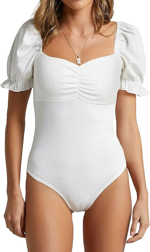 FIEAVRYL Bodysuit for Women Square Neck: Short Sleeve Body Suit Clothing Causal Ruffle Bodysuits ... | Amazon (US)