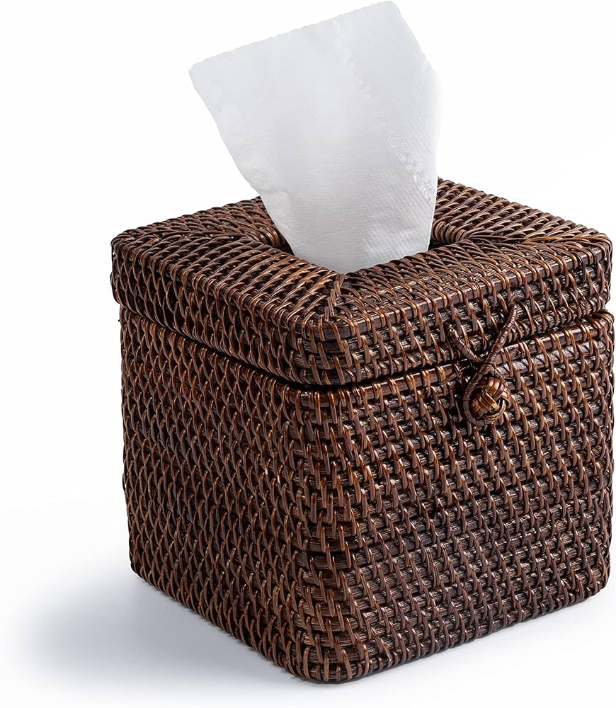 Rattan Square Tissue Box Cover- 5.7" x 5.7" x 5"-Decorative Woven Facial Tissue Holder with Hinge... | Amazon (US)