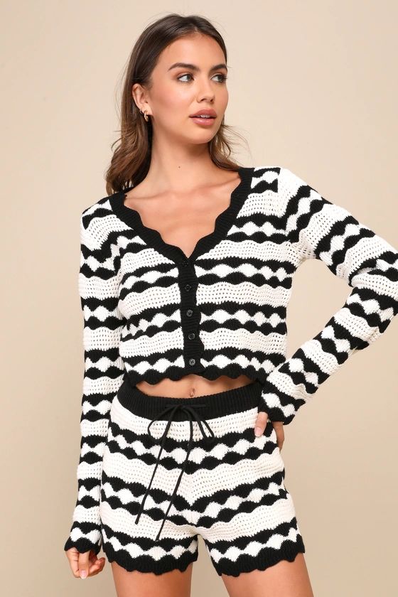 Stylish Bliss Ivory and Black Striped Crochet Shorts | Lulus
