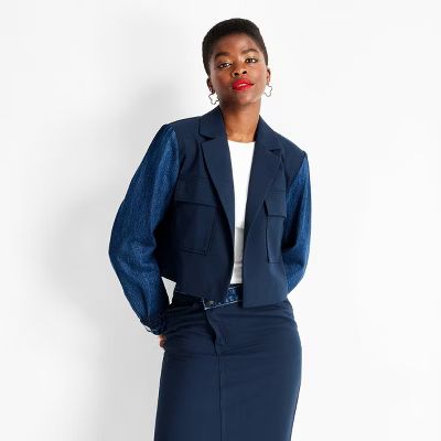 Women's Contrasting Denim Cropped Blazer - Future Collective Navy Blue | Target