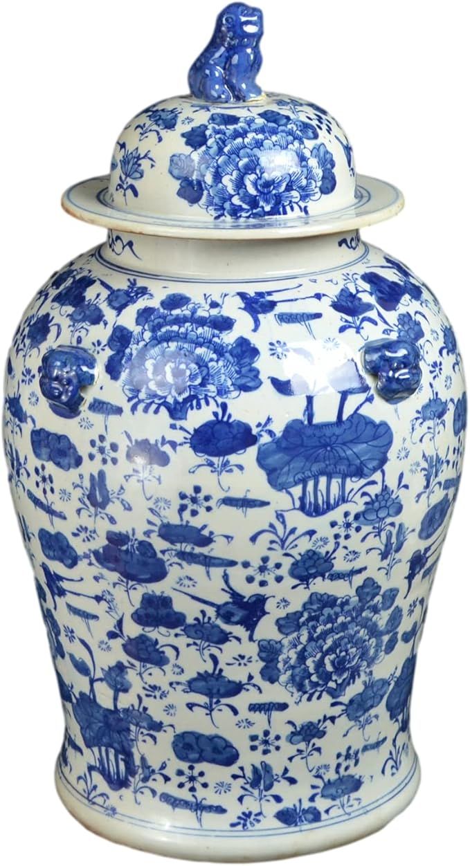 19" Antique Like Finish Retro Blue and White Porcelain Lotus and Flowers Temple Ceramic Ginger Ja... | Amazon (US)