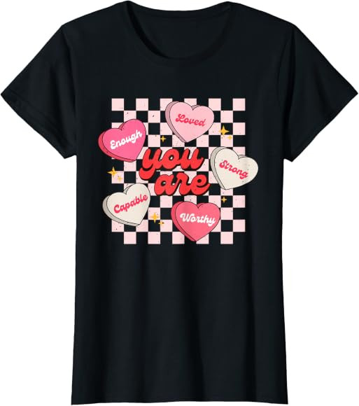 Brand: Valentines Day Conversation Hearts Checkered Tee | Amazon (US)