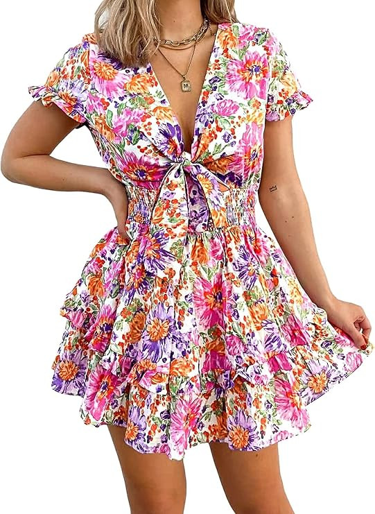 PRETTYGARDEN Women Summer Short Dress 2026 Casual V Neck Short Sleeve Tiered Bow Mini Sun Dresses... | Amazon (US)
