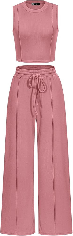 PRETTYGARDEN Women's Summer 2 Piece Loungewear Set Cropped Tank Top Wide Leg Sweatpants Tracksuit... | Amazon (US)